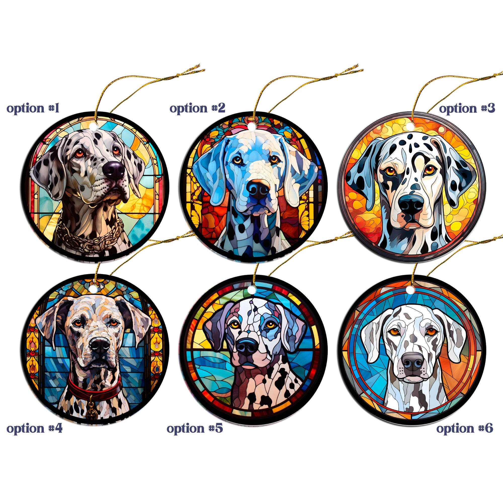 Stained glass style Dalmation dog breed Christmas ornament with golden string.