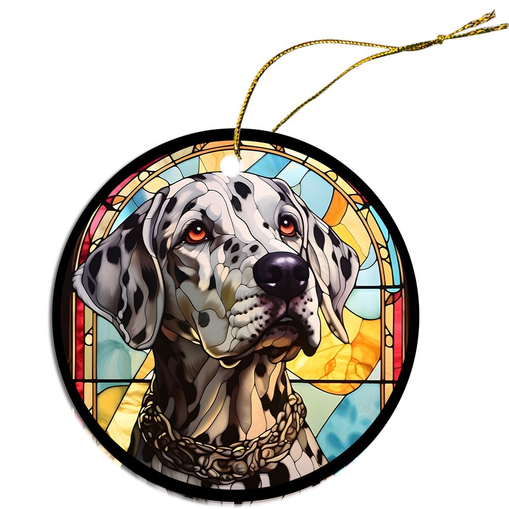 Stained glass style Dalmation dog breed Christmas ornament with golden string.