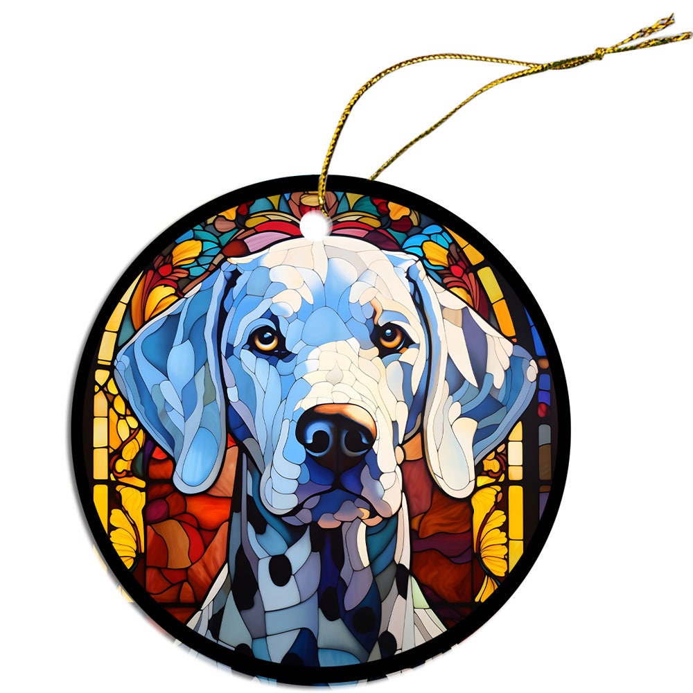 Stained glass style Dalmation dog breed Christmas ornament with golden string.