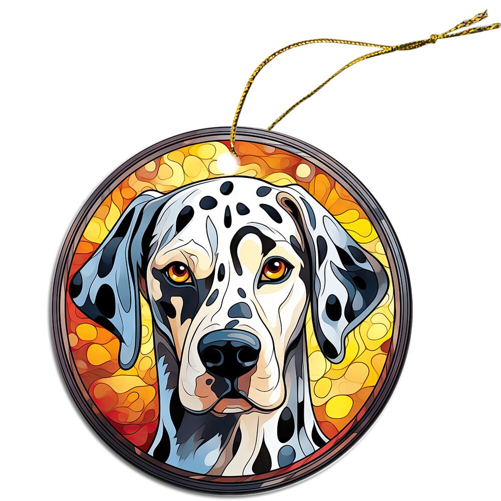 Stained glass style Dalmation dog breed Christmas ornament with golden string.