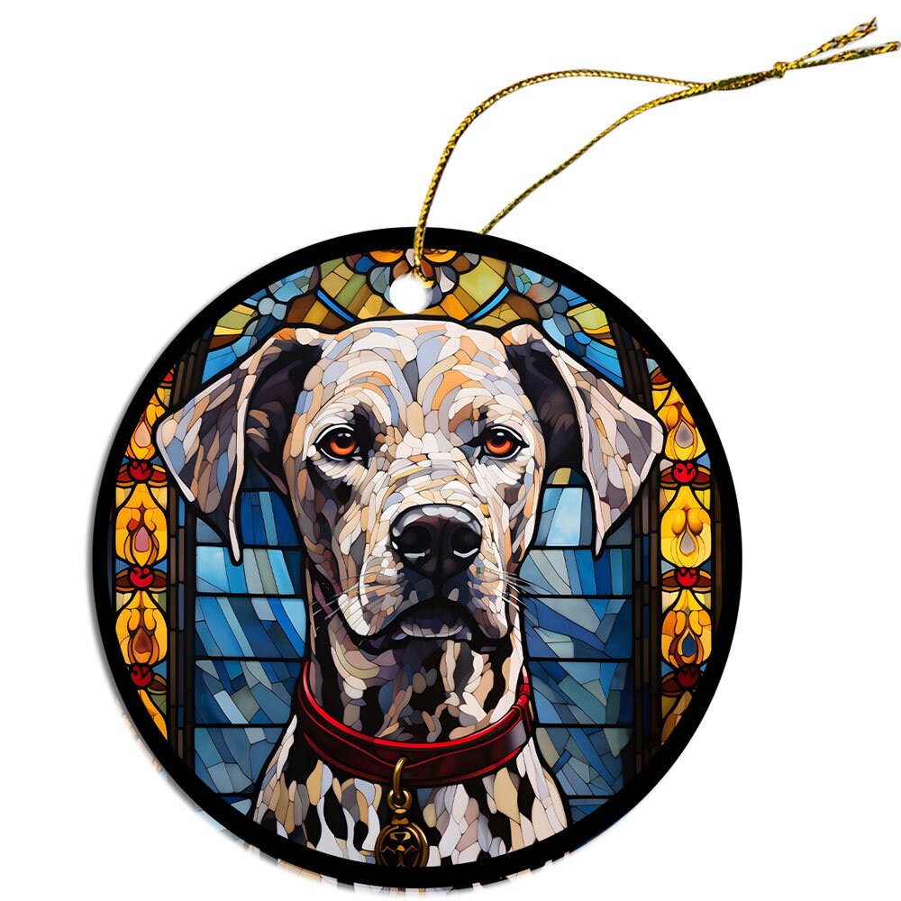 Stained glass style Dalmation dog breed Christmas ornament with golden string.