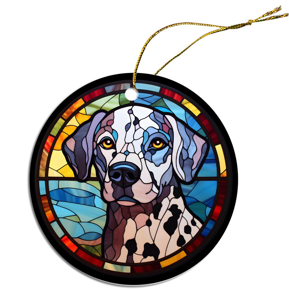 Stained glass style Dalmation dog breed Christmas ornament with golden string.