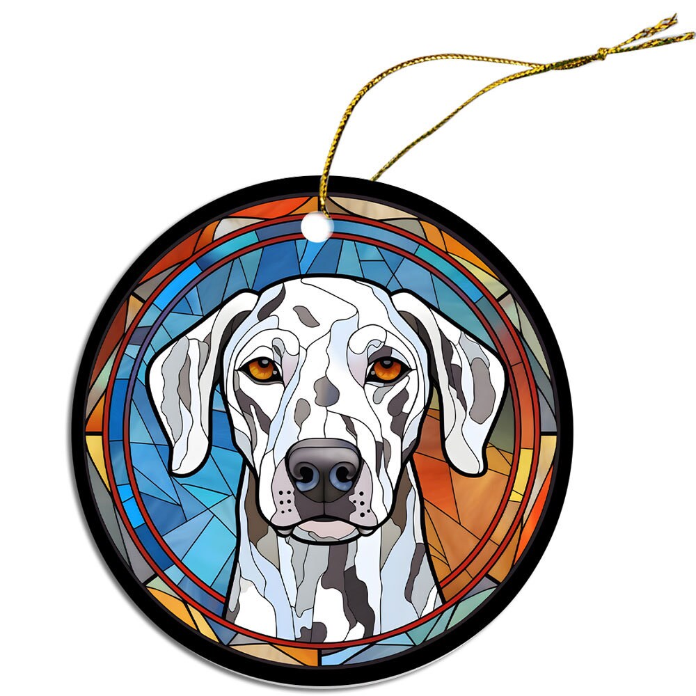Stained glass style Dalmation dog breed Christmas ornament with golden string.