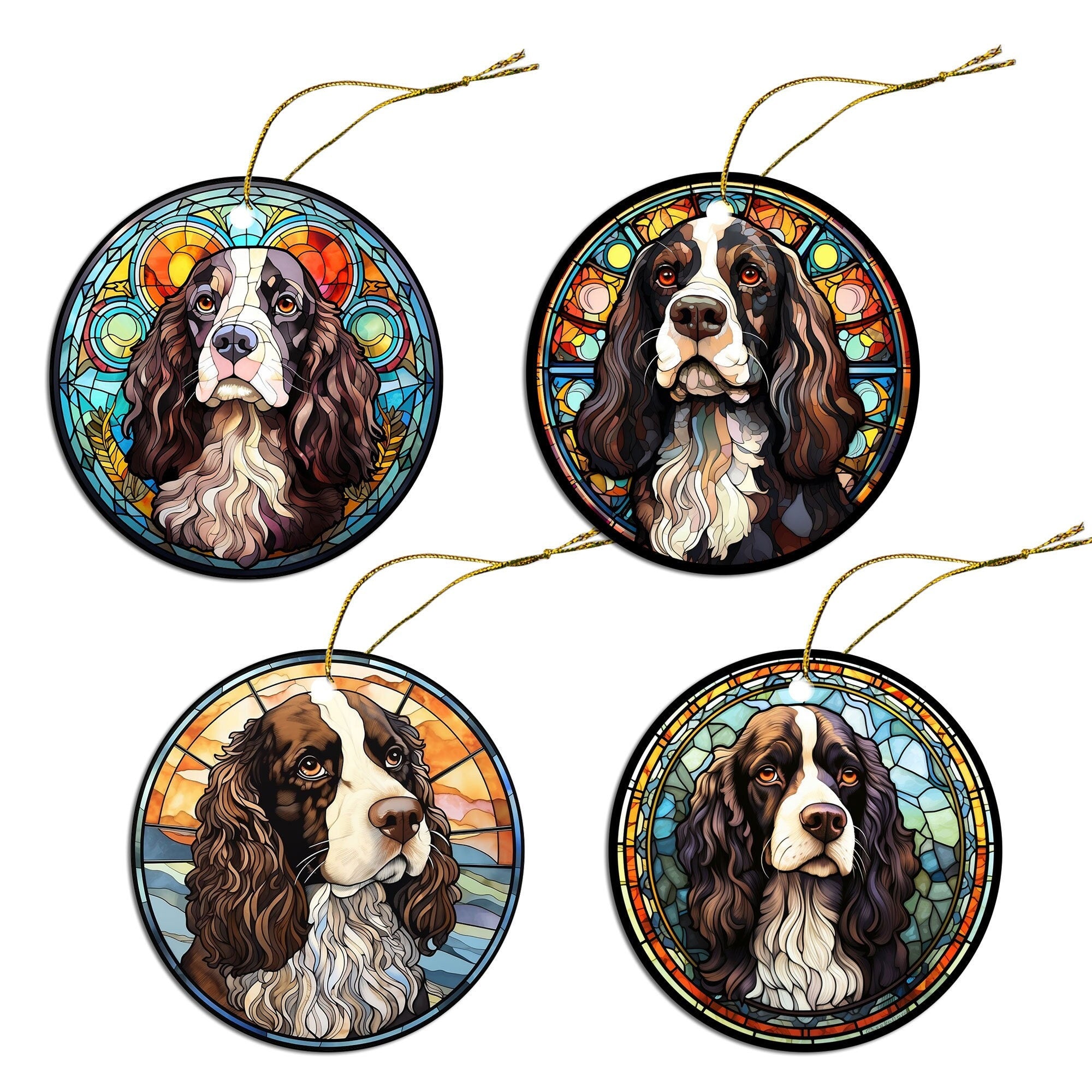 Stained glass style Christmas ornament featuring an English Springer Spaniel, beautifully crafted in ceramic with a golden string.
