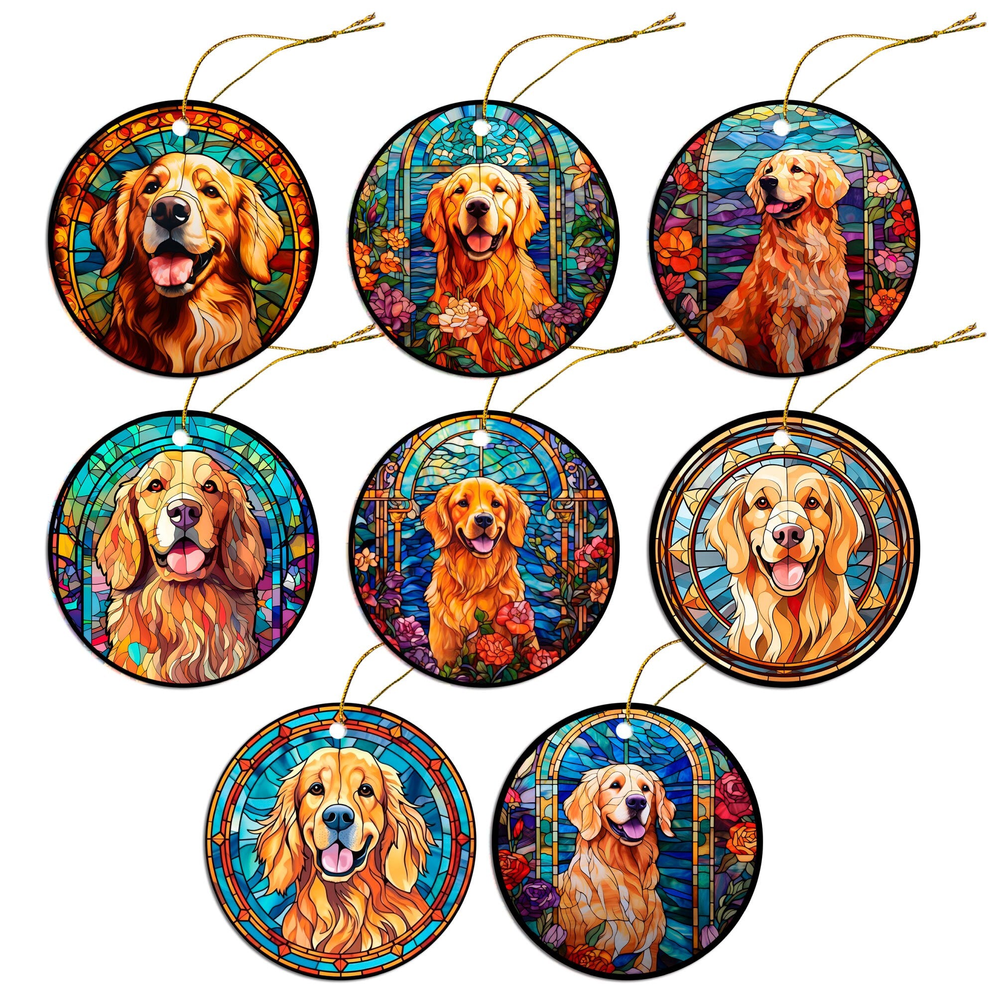 Stained glass style Christmas ornament featuring a Golden Retriever, beautifully crafted from ceramic with a golden string.