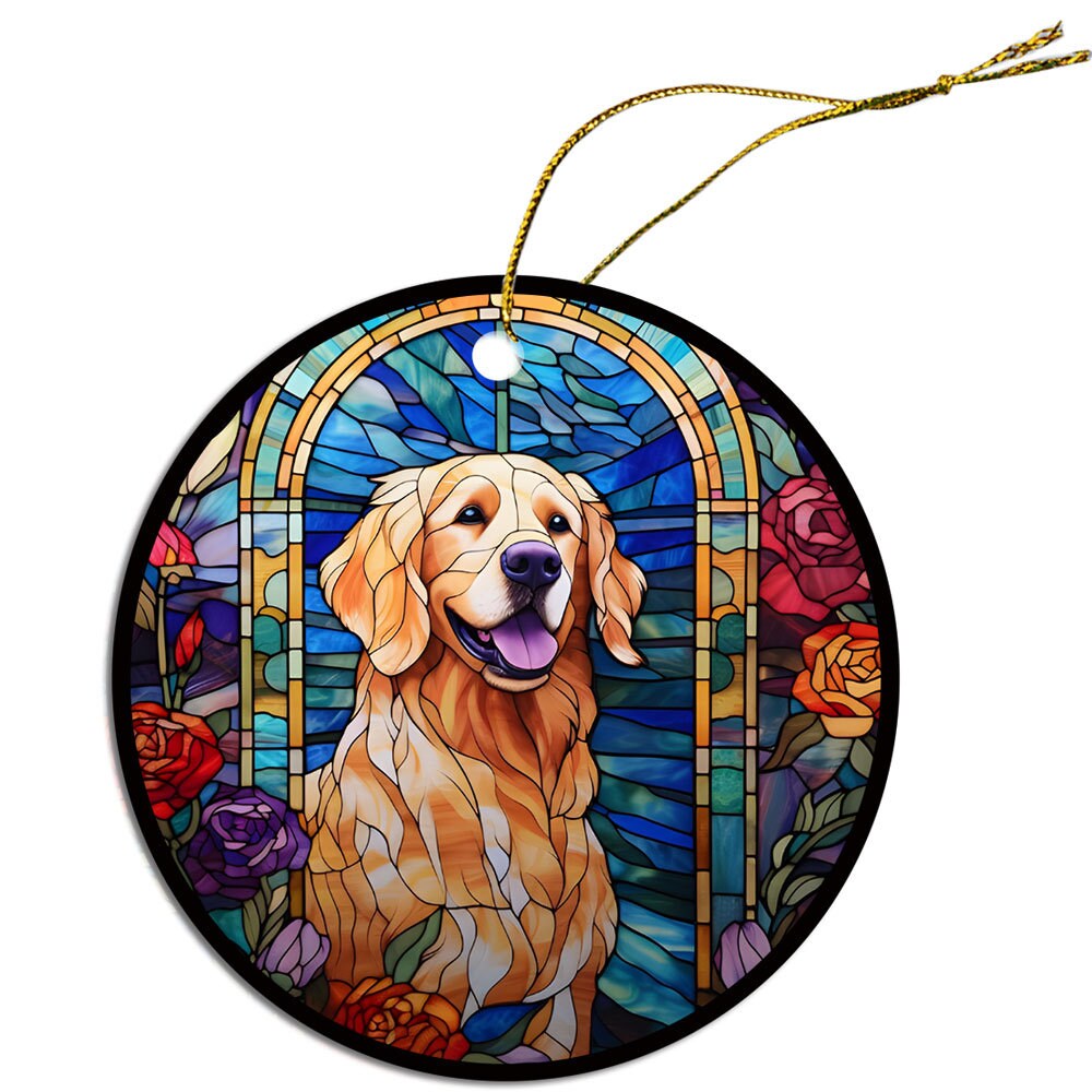 Stained glass style Christmas ornament featuring a Golden Retriever, beautifully crafted from ceramic with a golden string.