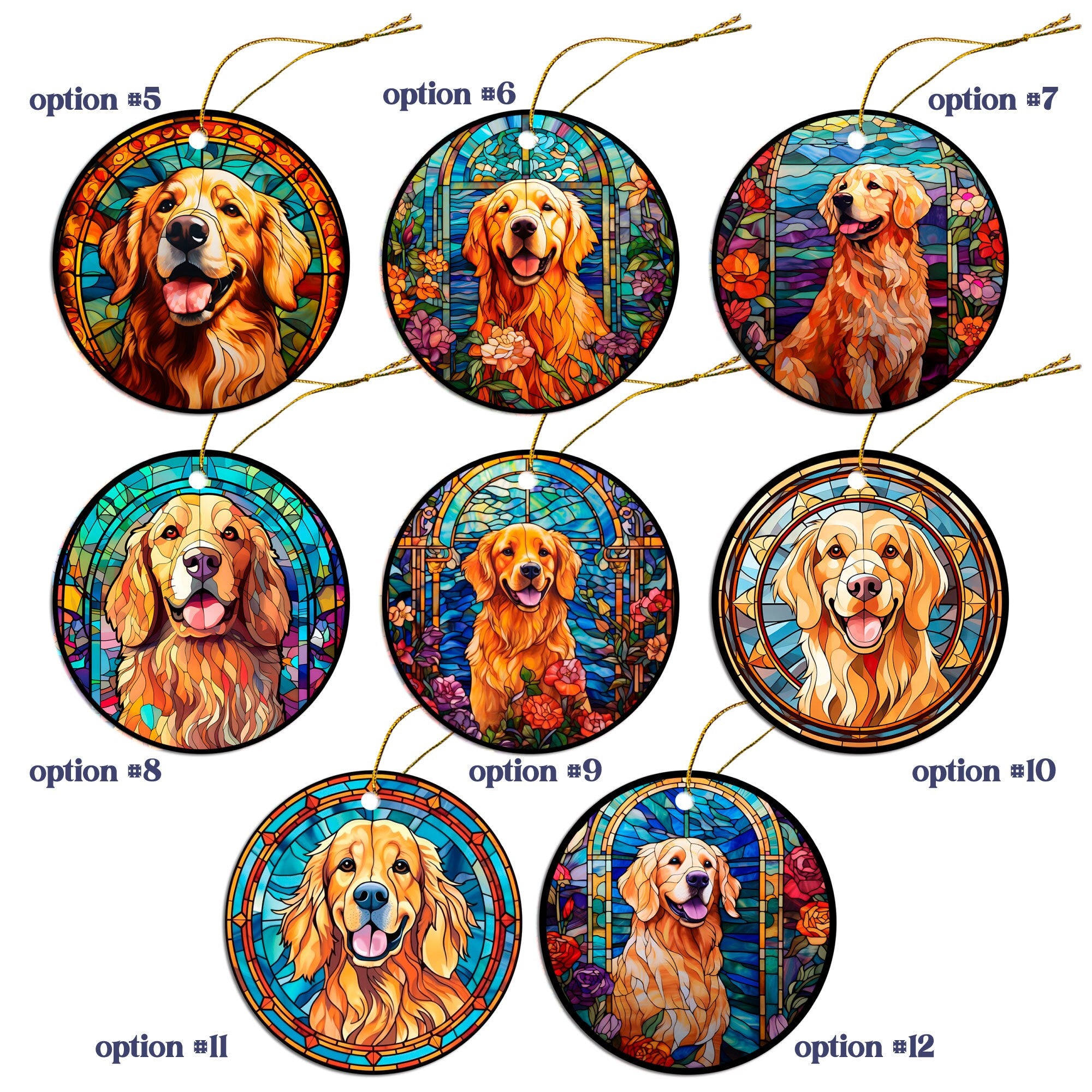 Stained glass style Christmas ornament featuring a Golden Retriever, beautifully crafted from ceramic with a golden string.