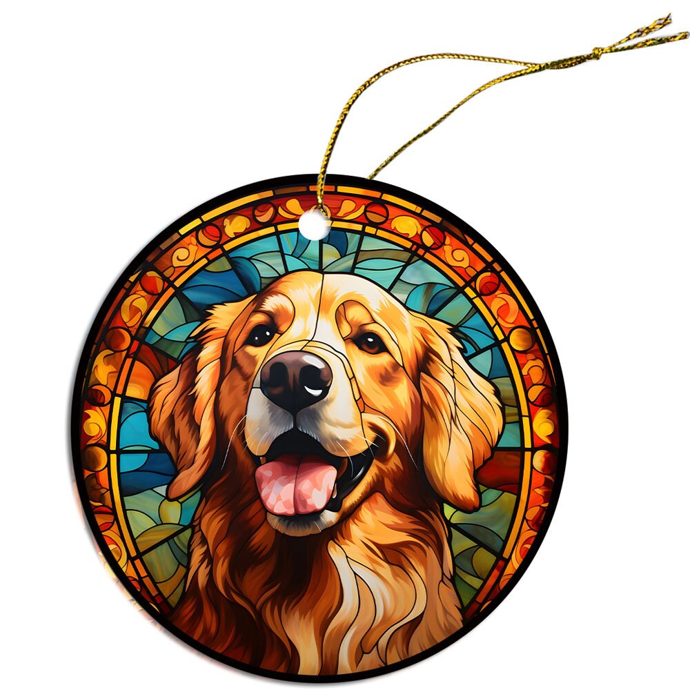Stained glass style Christmas ornament featuring a Golden Retriever, beautifully crafted from ceramic with a golden string.