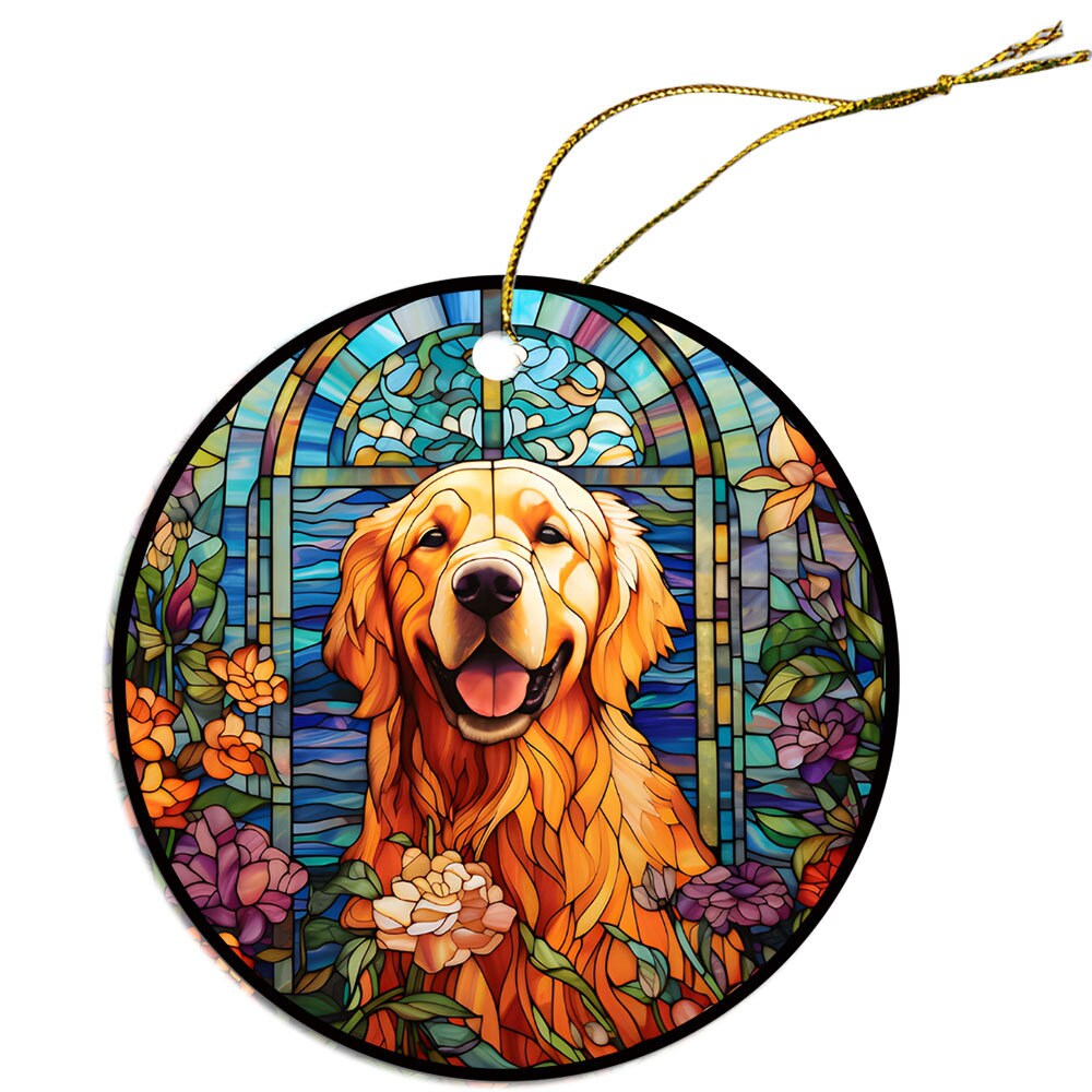 Stained glass style Christmas ornament featuring a Golden Retriever, beautifully crafted from ceramic with a golden string.