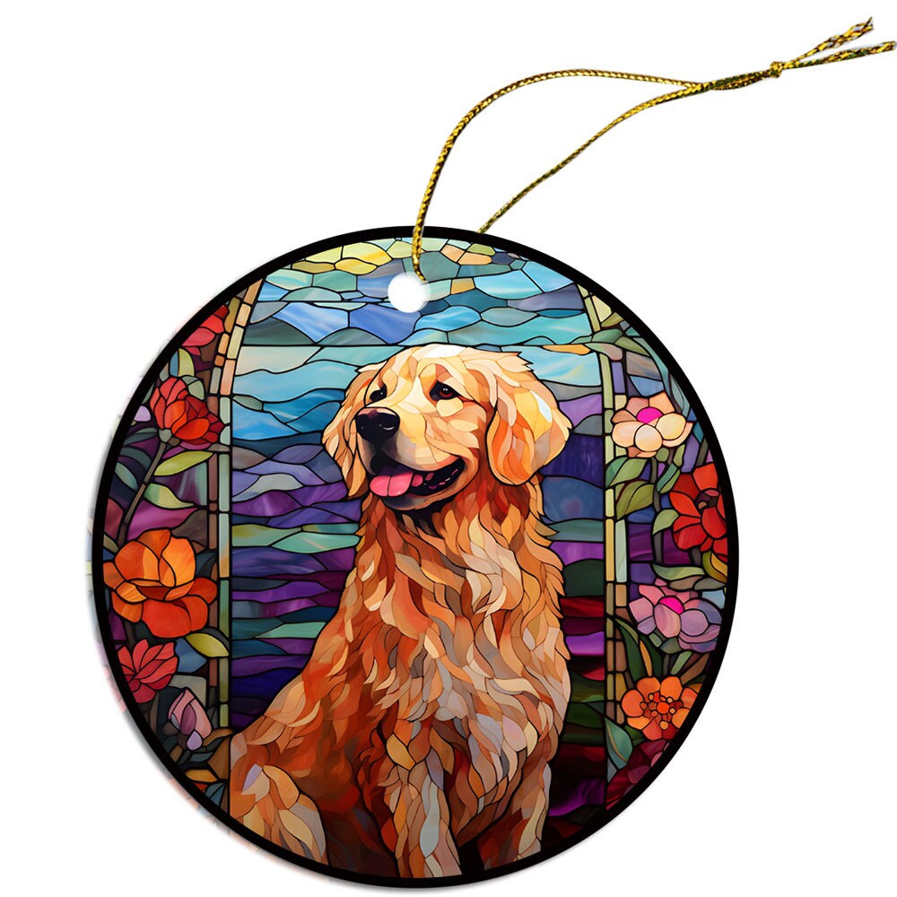 Stained glass style Christmas ornament featuring a Golden Retriever, beautifully crafted from ceramic with a golden string.