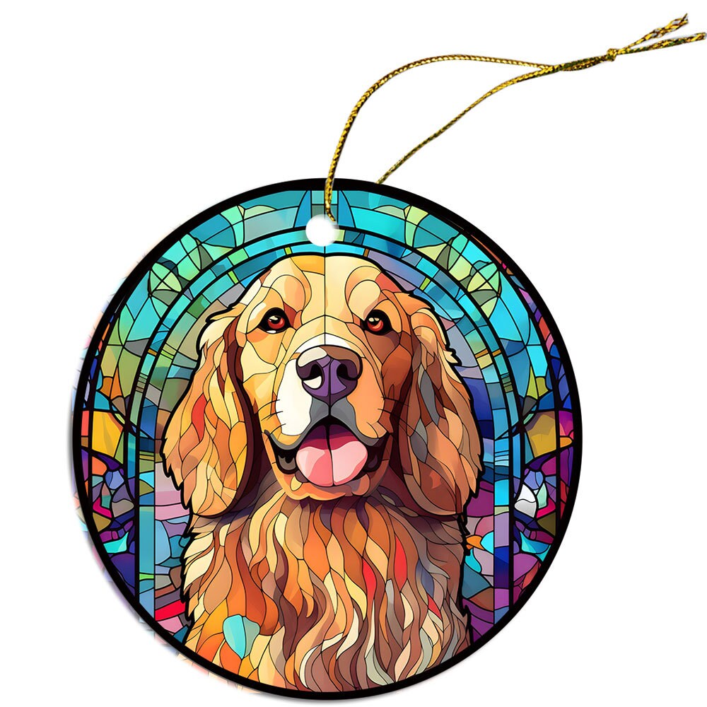 Stained glass style Christmas ornament featuring a Golden Retriever, beautifully crafted from ceramic with a golden string.