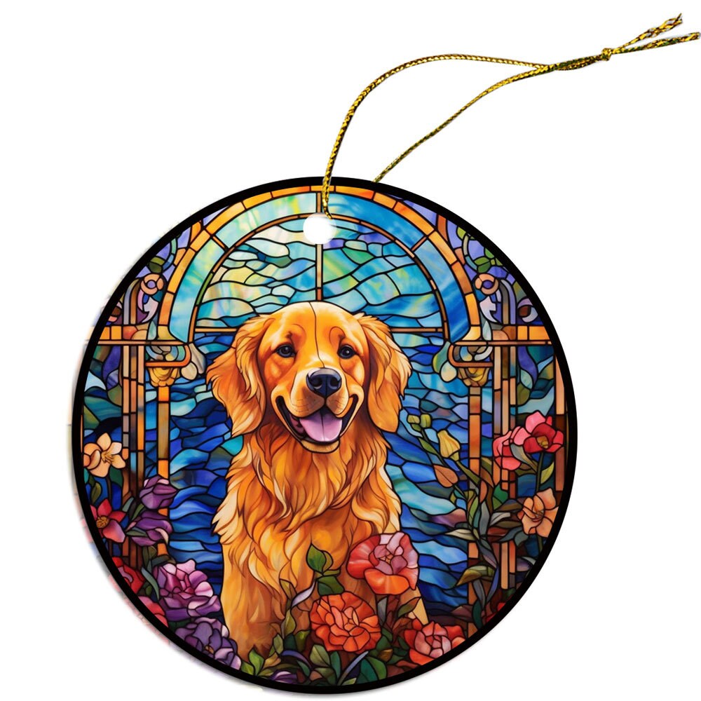 Stained glass style Christmas ornament featuring a Golden Retriever, beautifully crafted from ceramic with a golden string.