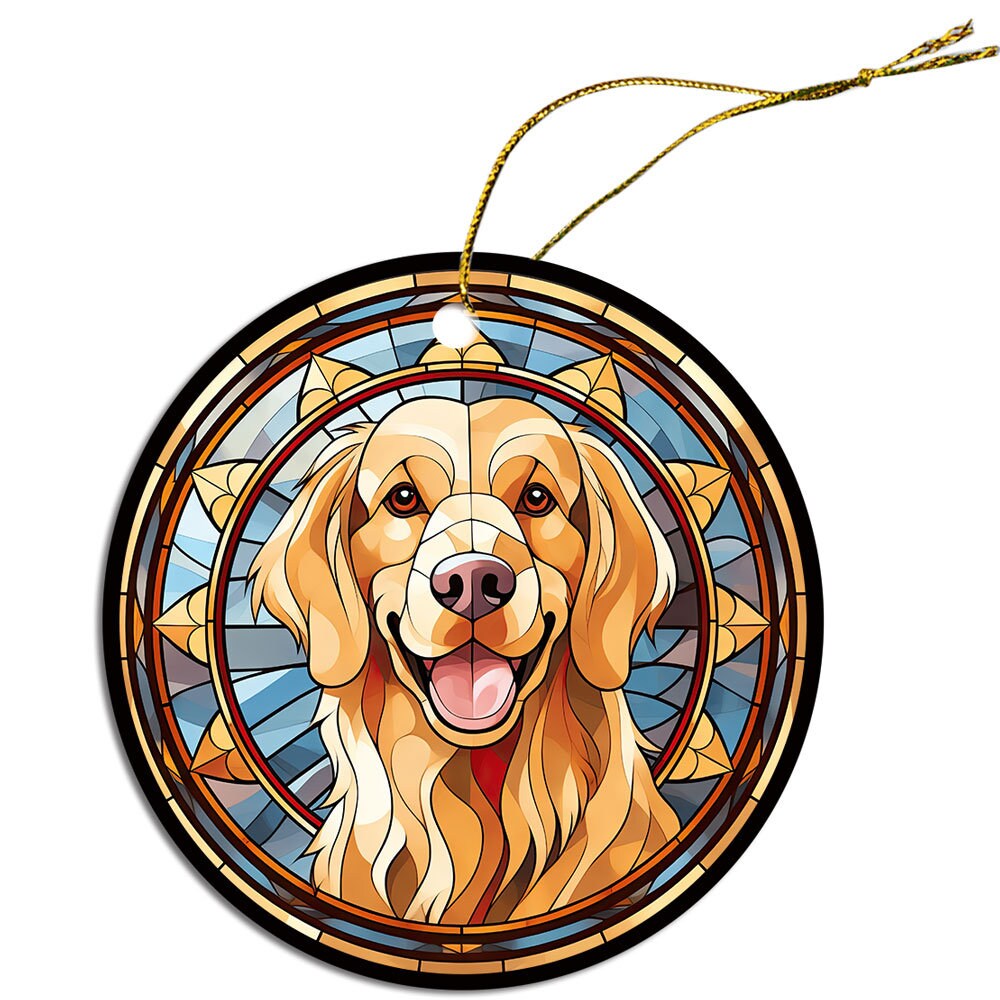Stained glass style Christmas ornament featuring a Golden Retriever, beautifully crafted from ceramic with a golden string.
