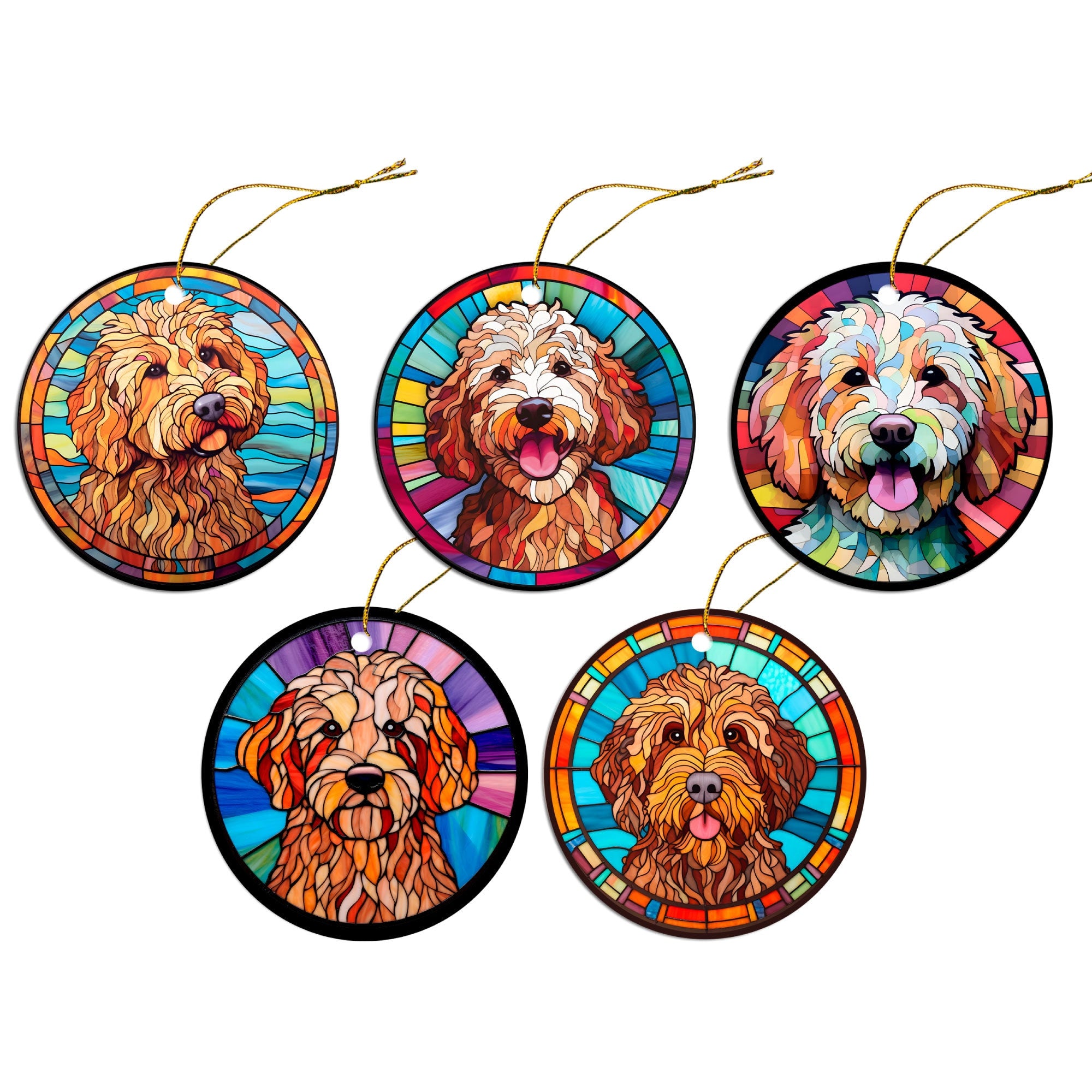 Stained glass style Christmas ornament featuring a Goldendoodle breed design, elegantly crafted from ceramic.