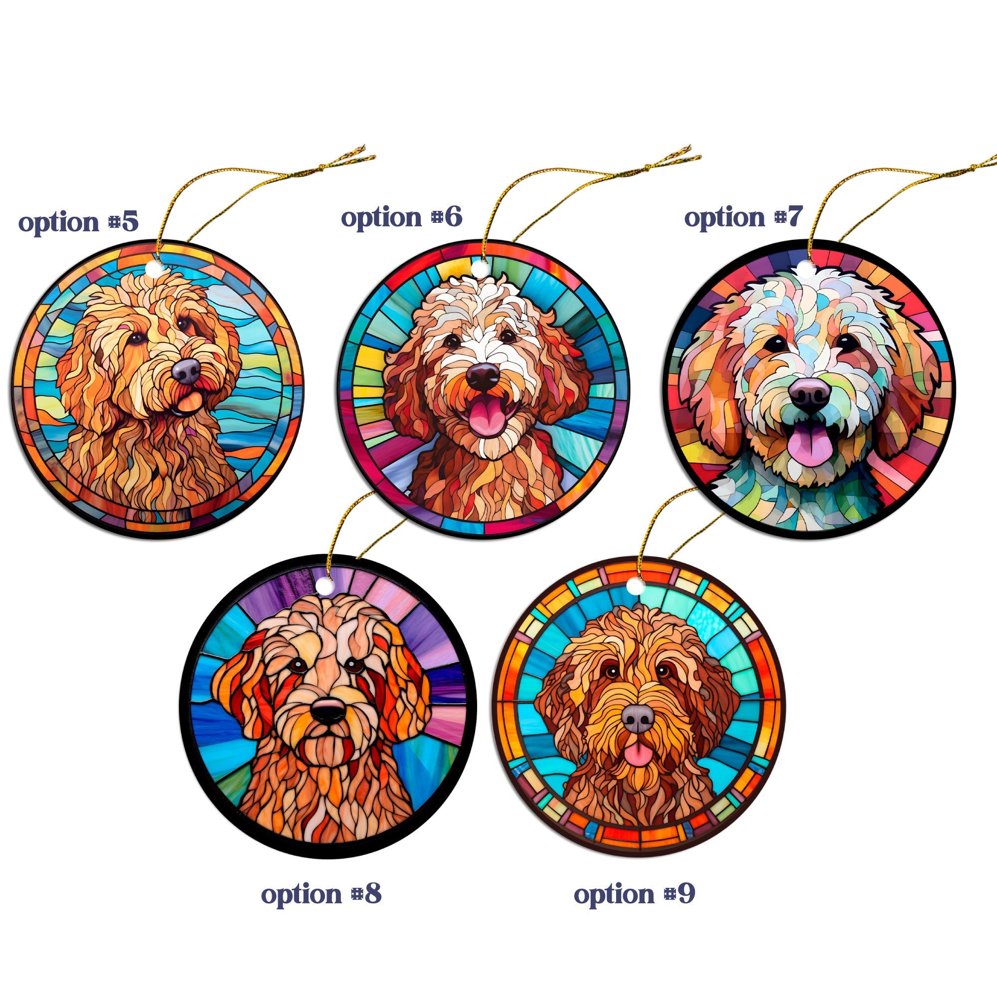 Stained glass style Christmas ornament featuring a Goldendoodle breed design, elegantly crafted from ceramic.