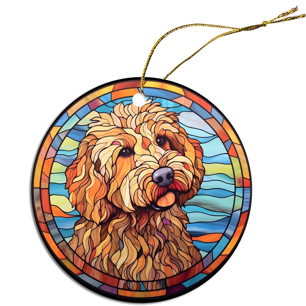 Stained glass style Christmas ornament featuring a Goldendoodle breed design, elegantly crafted from ceramic.