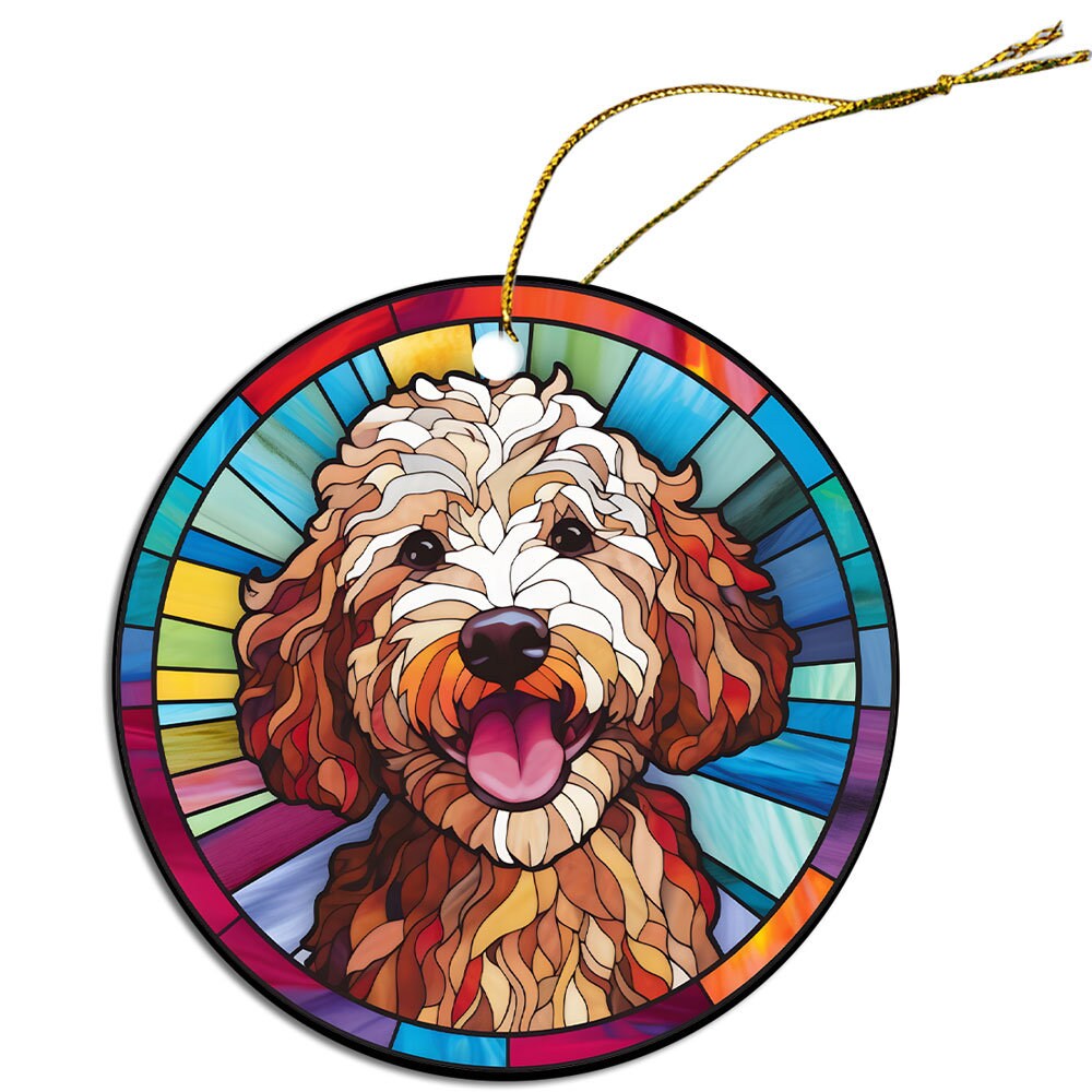 Stained glass style Christmas ornament featuring a Goldendoodle breed design, elegantly crafted from ceramic.