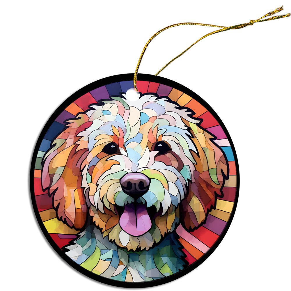 Stained glass style Christmas ornament featuring a Goldendoodle breed design, elegantly crafted from ceramic.