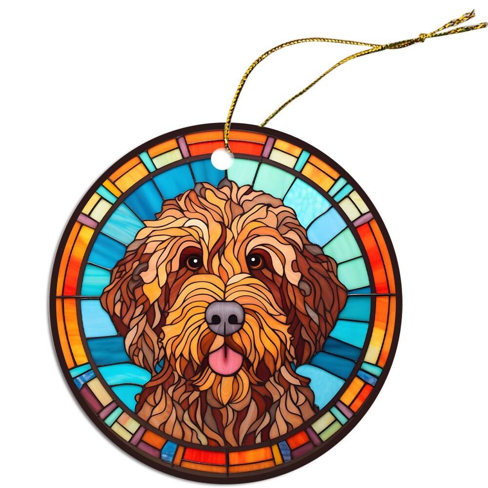 Stained glass style Christmas ornament featuring a Goldendoodle breed design, elegantly crafted from ceramic.