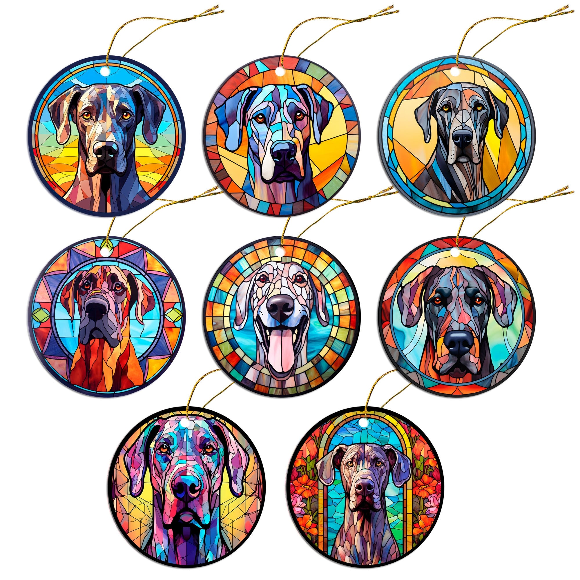 Stained glass style Christmas ornament featuring a Great Dane, elegantly designed with vibrant colors and a golden string for hanging.