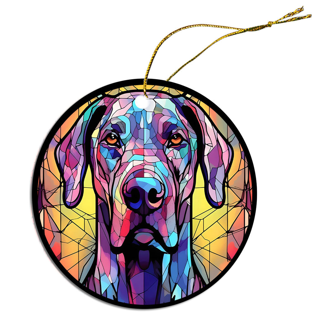 Stained glass style Christmas ornament featuring a Great Dane, elegantly designed with vibrant colors and a golden string for hanging.