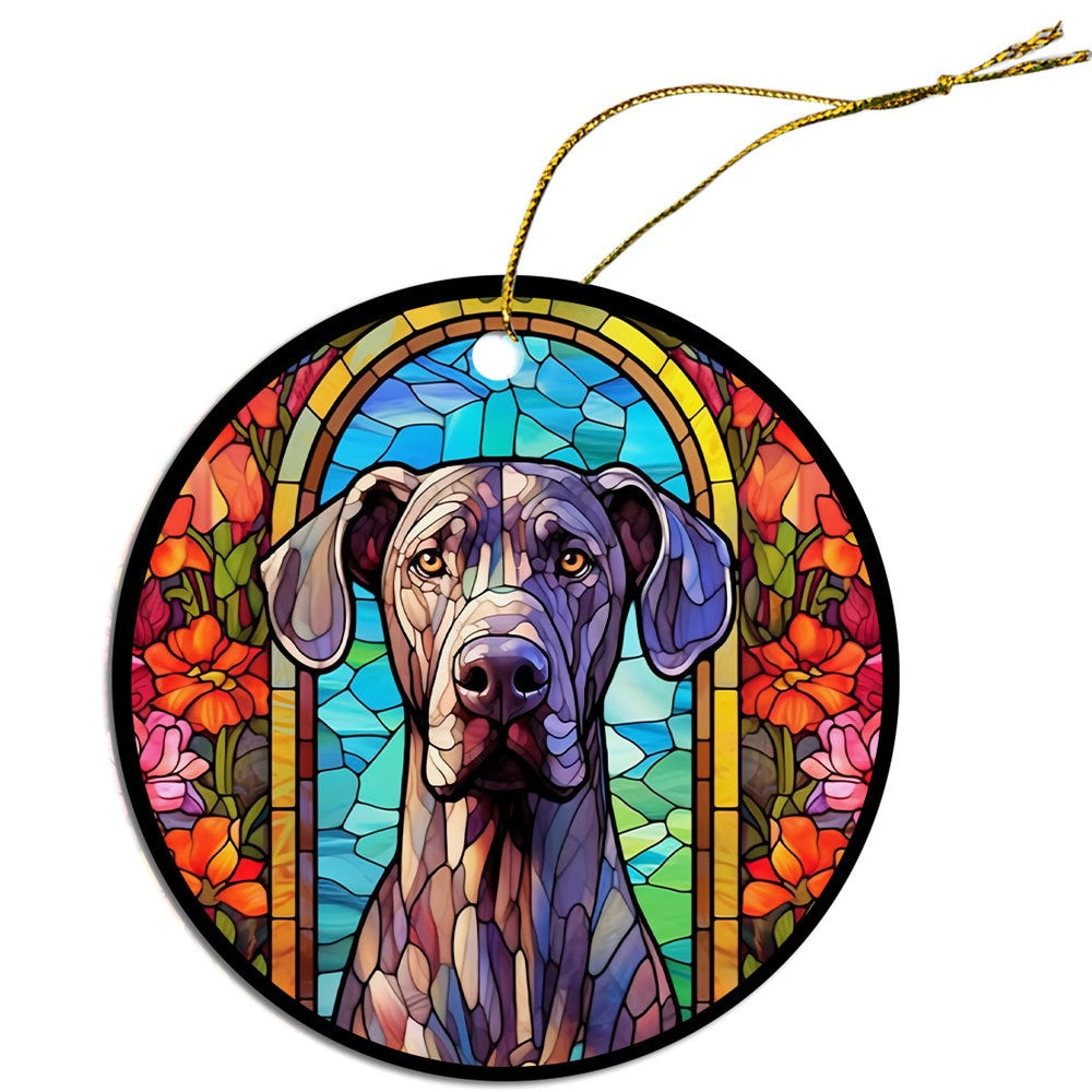 Stained glass style Christmas ornament featuring a Great Dane, elegantly designed with vibrant colors and a golden string for hanging.