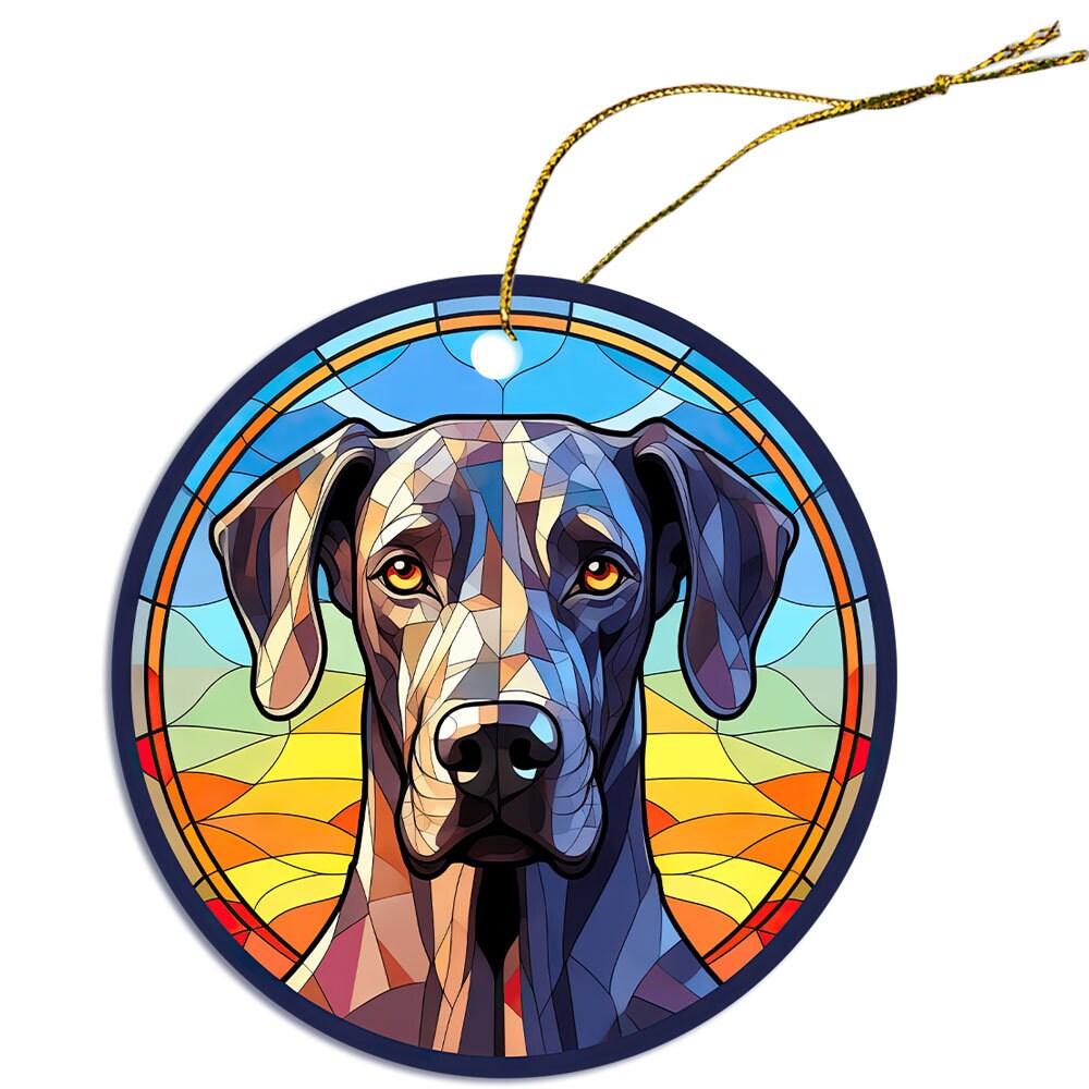 Stained glass style Christmas ornament featuring a Great Dane, elegantly designed with vibrant colors and a golden string for hanging.
