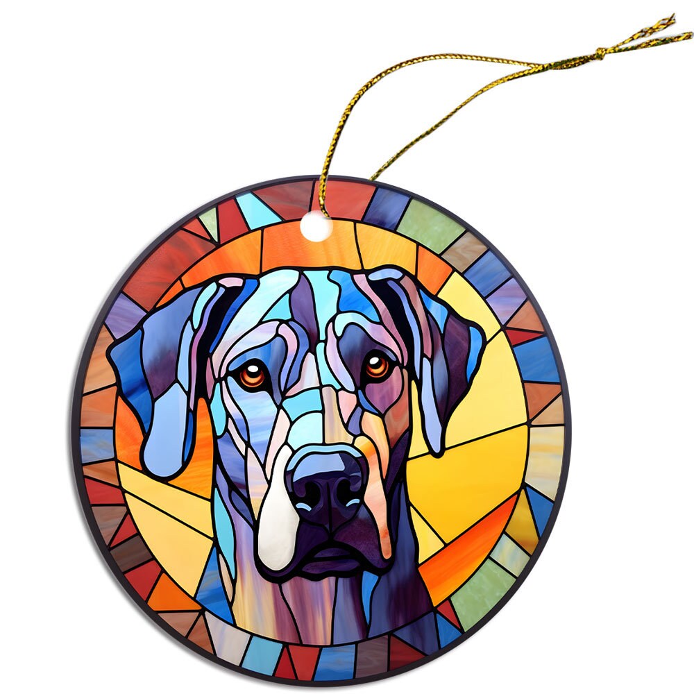 Stained glass style Christmas ornament featuring a Great Dane, elegantly designed with vibrant colors and a golden string for hanging.