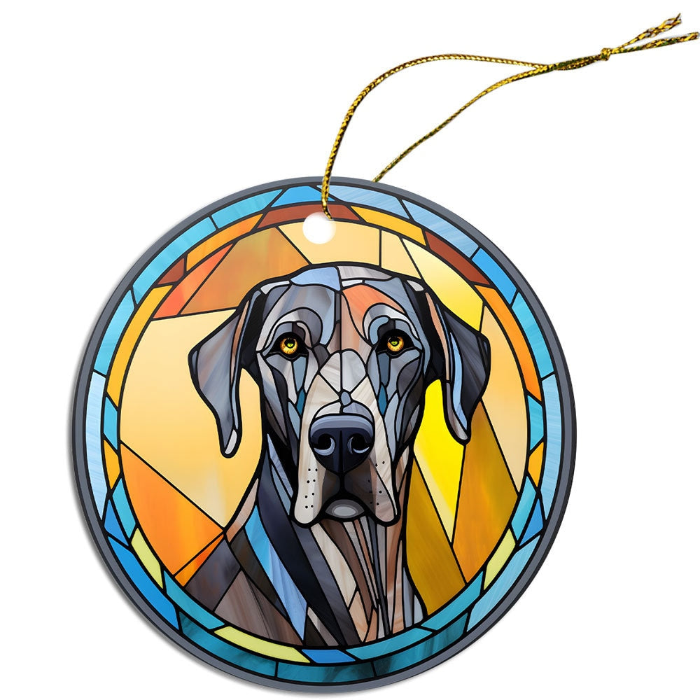 Stained glass style Christmas ornament featuring a Great Dane, elegantly designed with vibrant colors and a golden string for hanging.