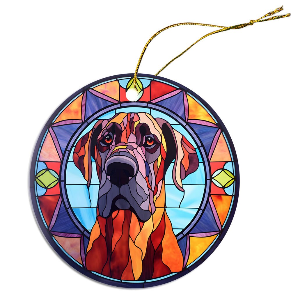 Stained glass style Christmas ornament featuring a Great Dane, elegantly designed with vibrant colors and a golden string for hanging.
