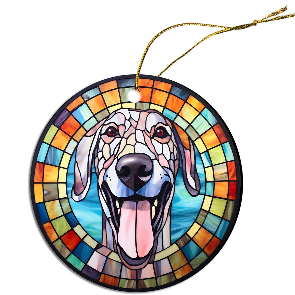 Stained glass style Christmas ornament featuring a Great Dane, elegantly designed with vibrant colors and a golden string for hanging.