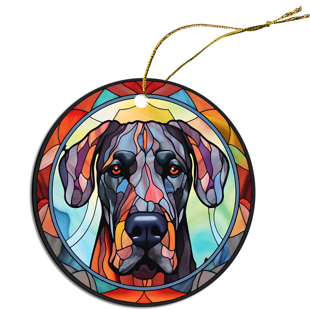 Stained glass style Christmas ornament featuring a Great Dane, elegantly designed with vibrant colors and a golden string for hanging.