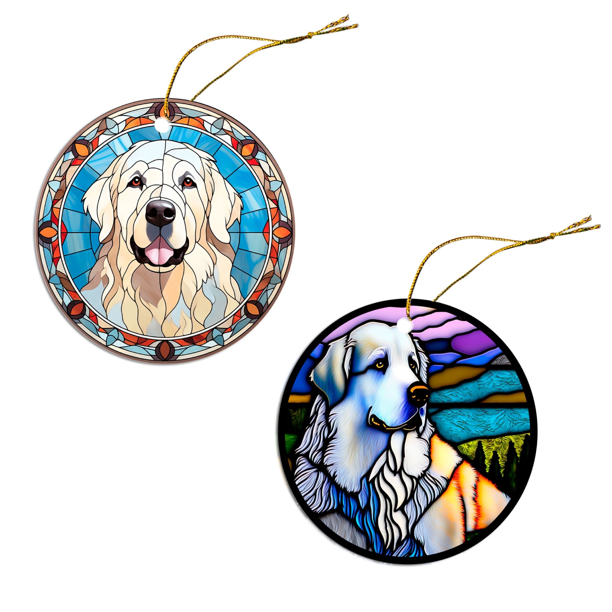 Stained glass style Christmas ornament featuring a Great Pyrenees dog, elegantly designed with a golden string.