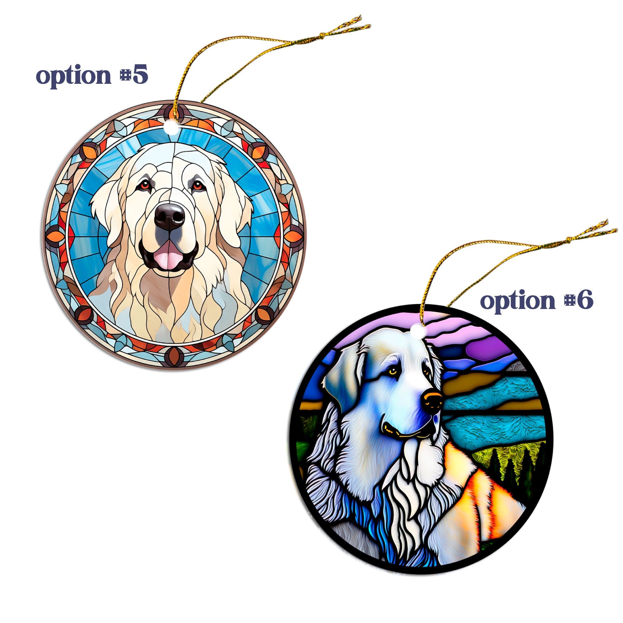Stained glass style Christmas ornament featuring a Great Pyrenees dog, elegantly designed with a golden string.