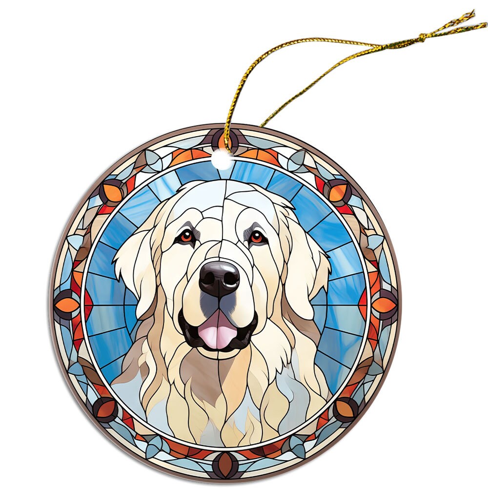 Stained glass style Christmas ornament featuring a Great Pyrenees dog, elegantly designed with a golden string.