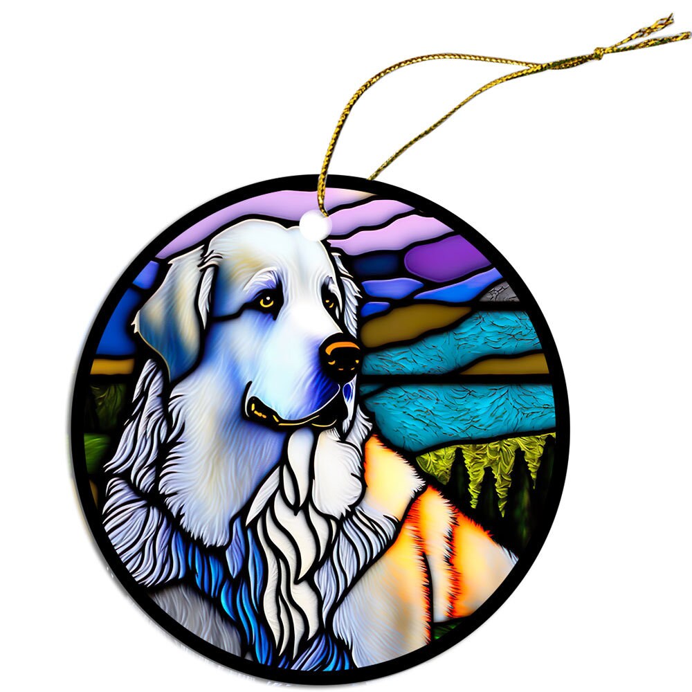Stained glass style Christmas ornament featuring a Great Pyrenees dog, elegantly designed with a golden string.