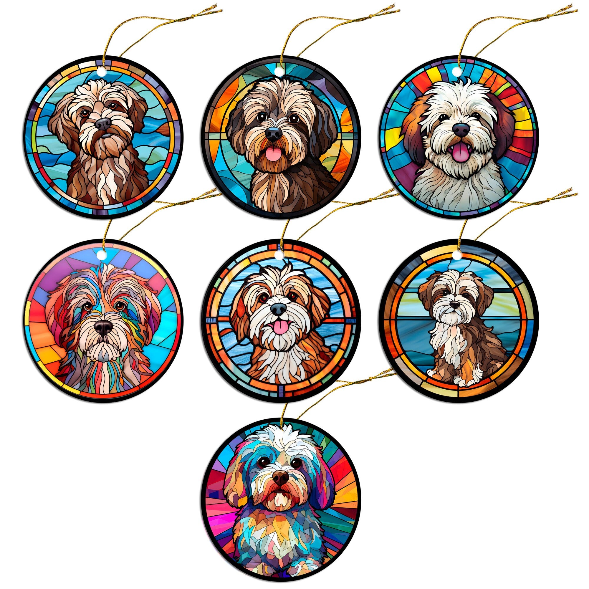 Stained glass style Christmas ornament featuring a Havanese dog, elegantly designed with vibrant colors.