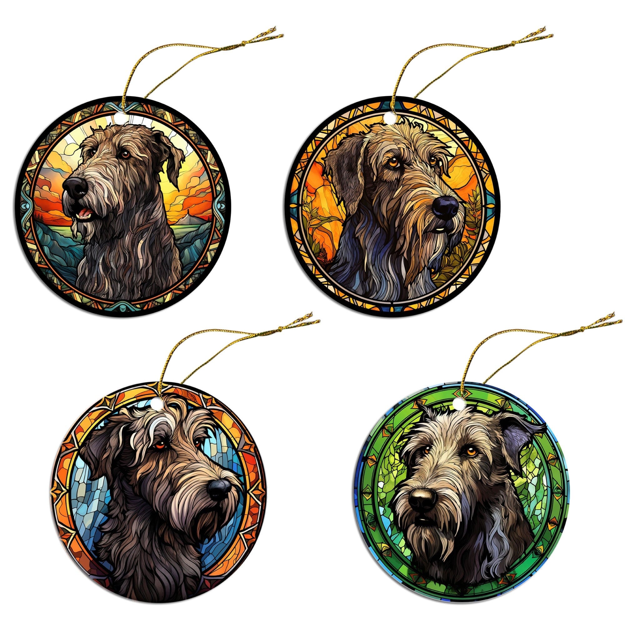 Stained glass style Christmas ornament featuring an Irish Wolfhound, beautifully crafted in ceramic with a golden string.