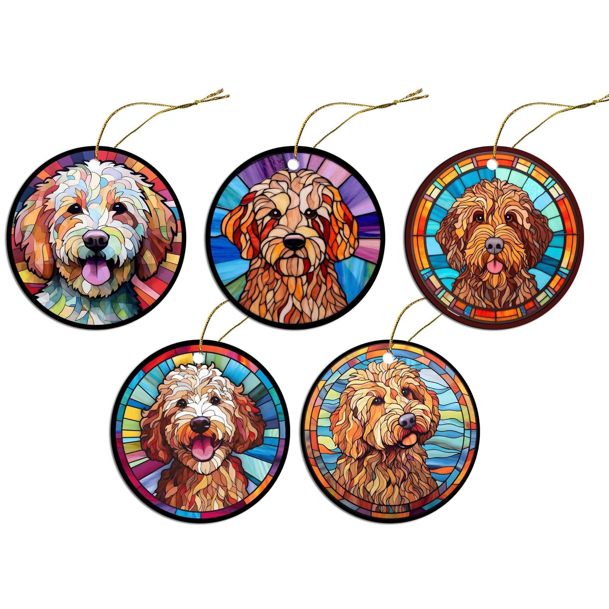 Stained glass style Christmas ornament featuring a Labradoodle, beautifully crafted in ceramic with a golden string.