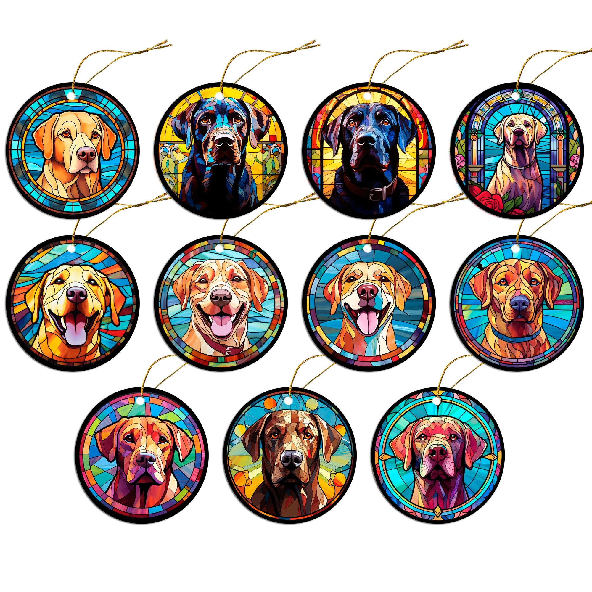 Stained glass style Christmas ornament featuring a Labrador dog, elegantly designed with vibrant colors and a golden string for hanging.