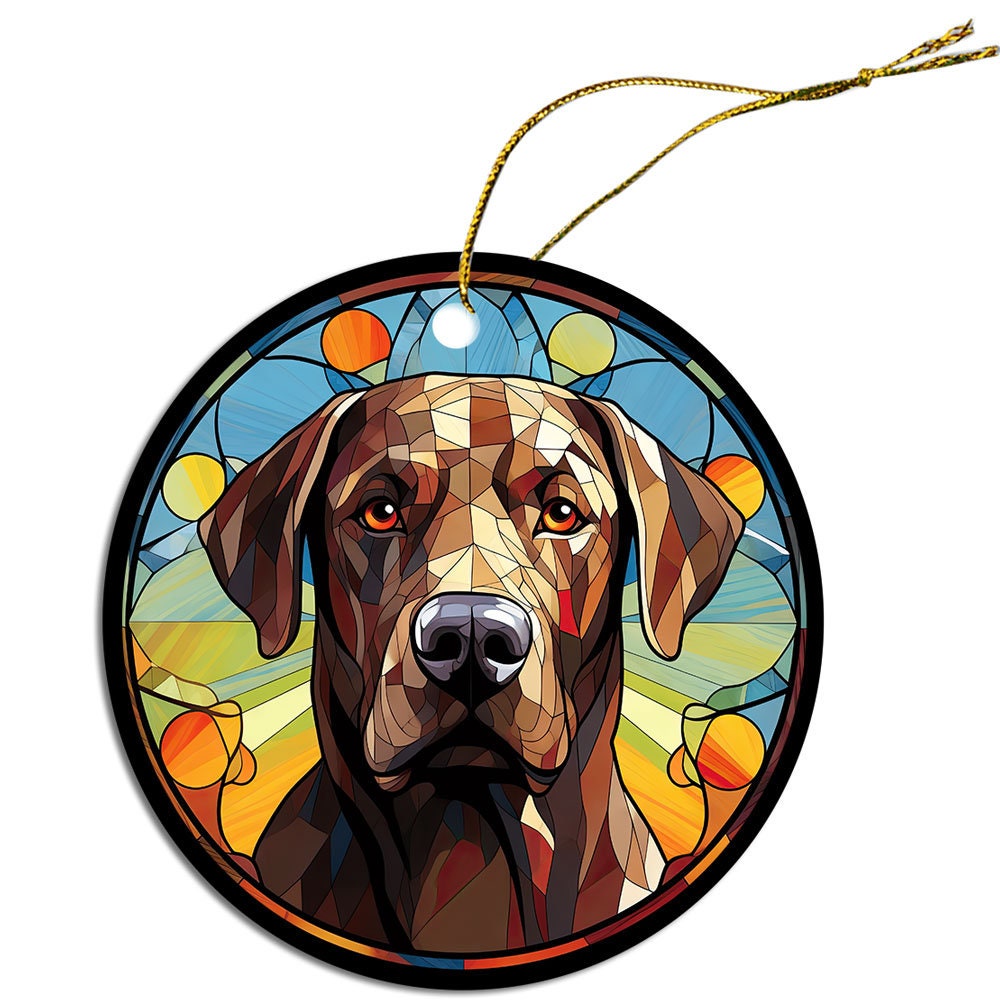 Stained glass style Christmas ornament featuring a Labrador dog, elegantly designed with vibrant colors and a golden string for hanging.