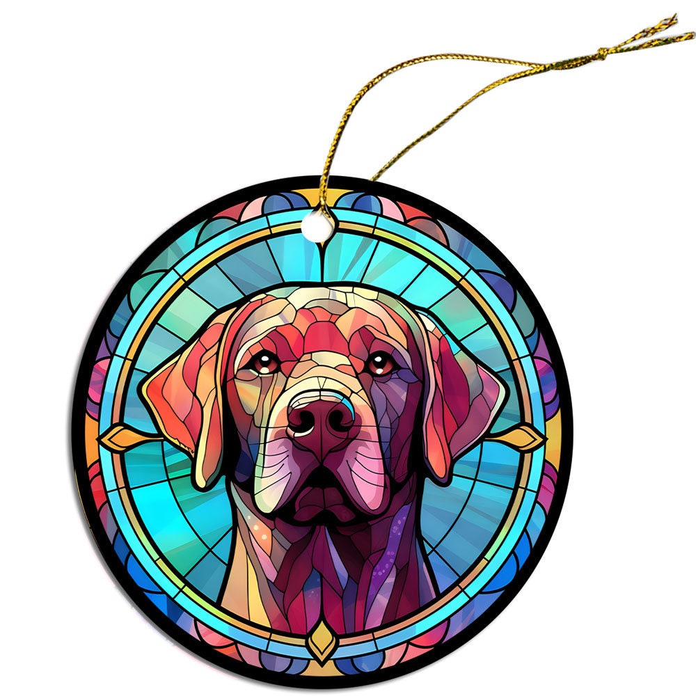 Stained glass style Christmas ornament featuring a Labrador dog, elegantly designed with vibrant colors and a golden string for hanging.