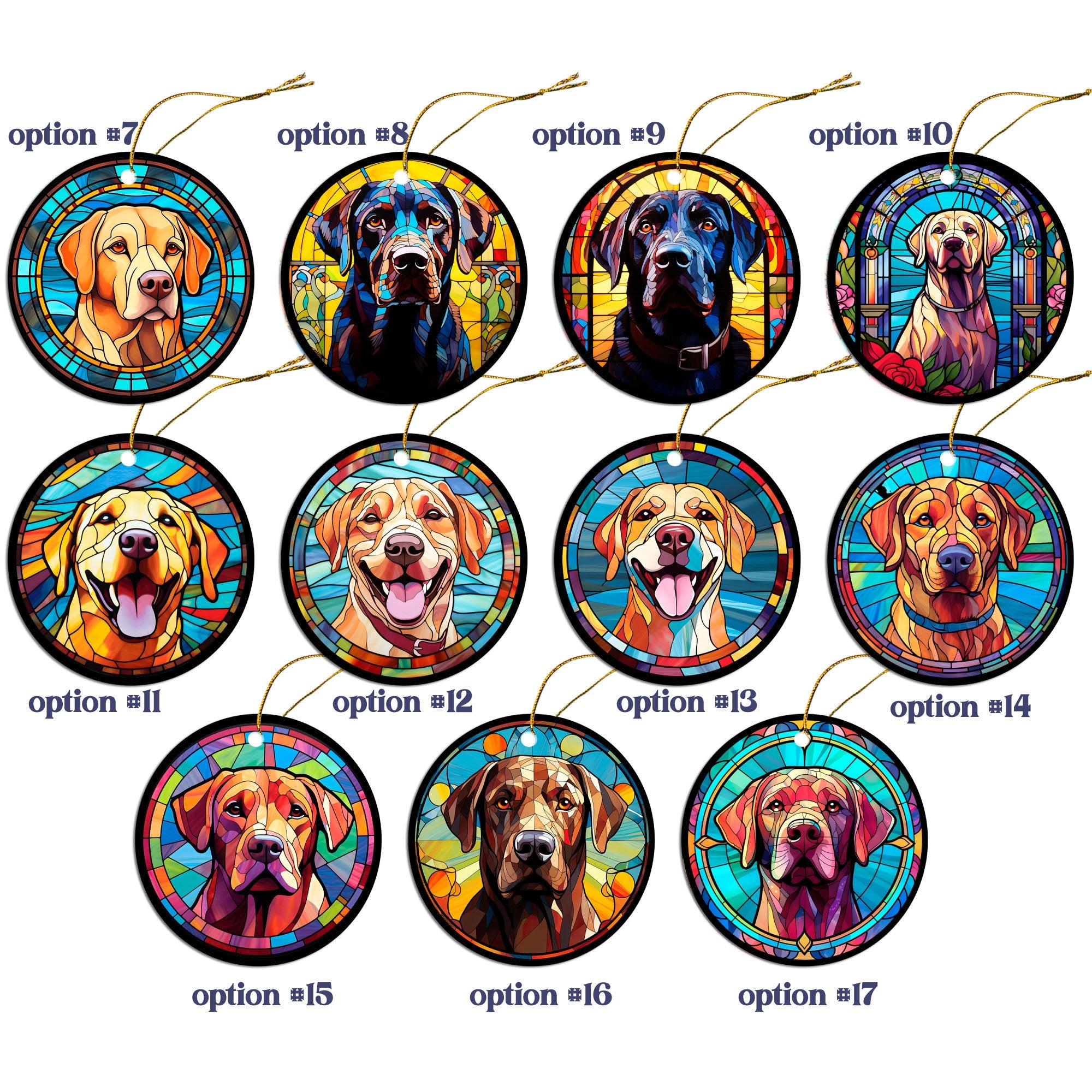 Stained glass style Christmas ornament featuring a Labrador dog, elegantly designed with vibrant colors and a golden string for hanging.