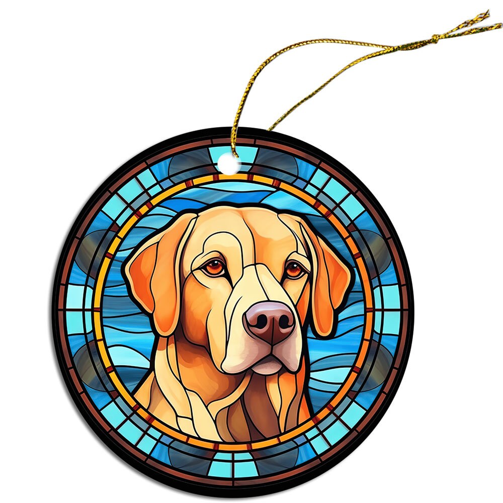 Stained glass style Christmas ornament featuring a Labrador dog, elegantly designed with vibrant colors and a golden string for hanging.
