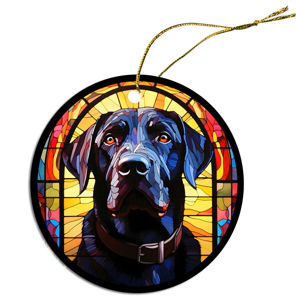 Stained glass style Christmas ornament featuring a Labrador dog, elegantly designed with vibrant colors and a golden string for hanging.