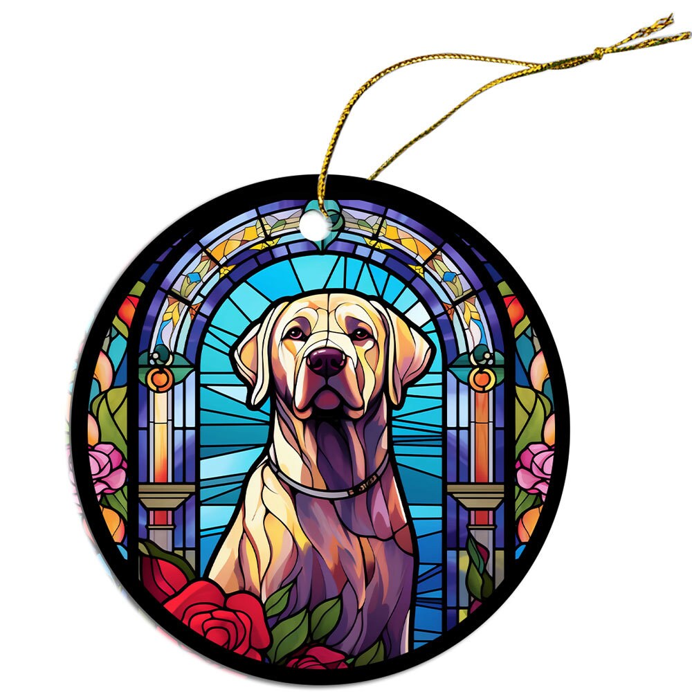 Stained glass style Christmas ornament featuring a Labrador dog, elegantly designed with vibrant colors and a golden string for hanging.
