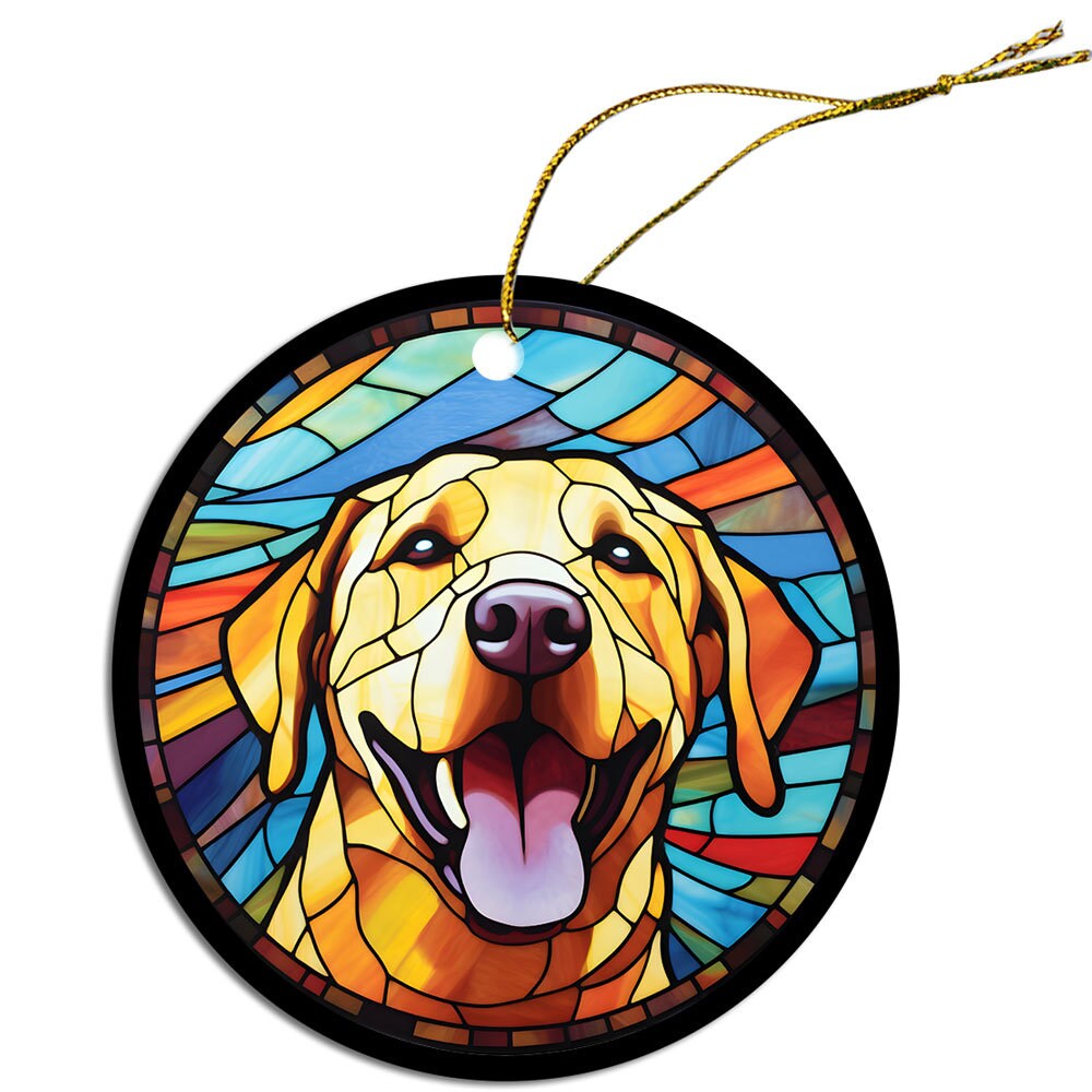 Stained glass style Christmas ornament featuring a Labrador dog, elegantly designed with vibrant colors and a golden string for hanging.