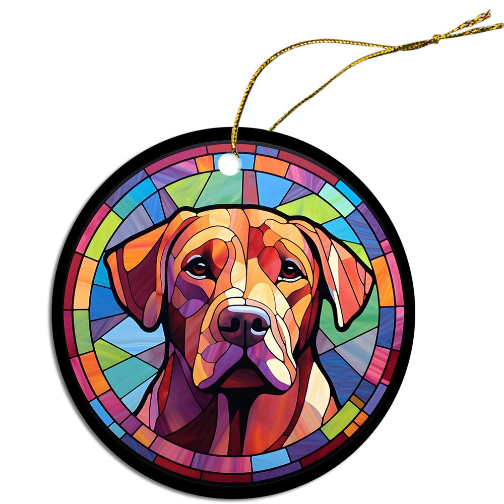 Stained glass style Christmas ornament featuring a Labrador dog, elegantly designed with vibrant colors and a golden string for hanging.