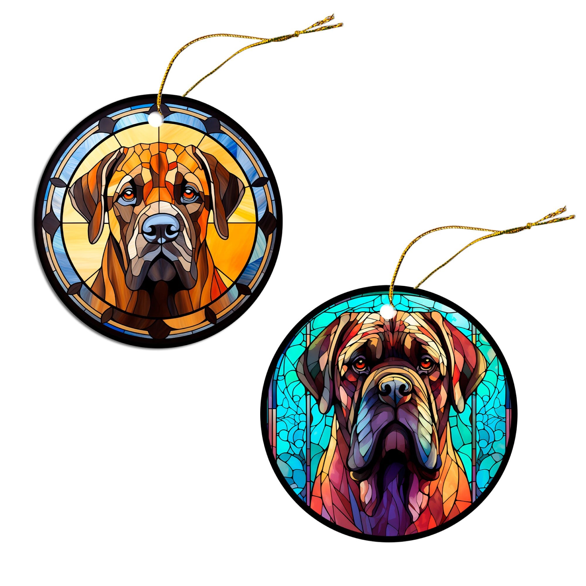 Stained glass style Christmas ornament featuring a Mastiff breed design, elegantly crafted from ceramic with a golden string.