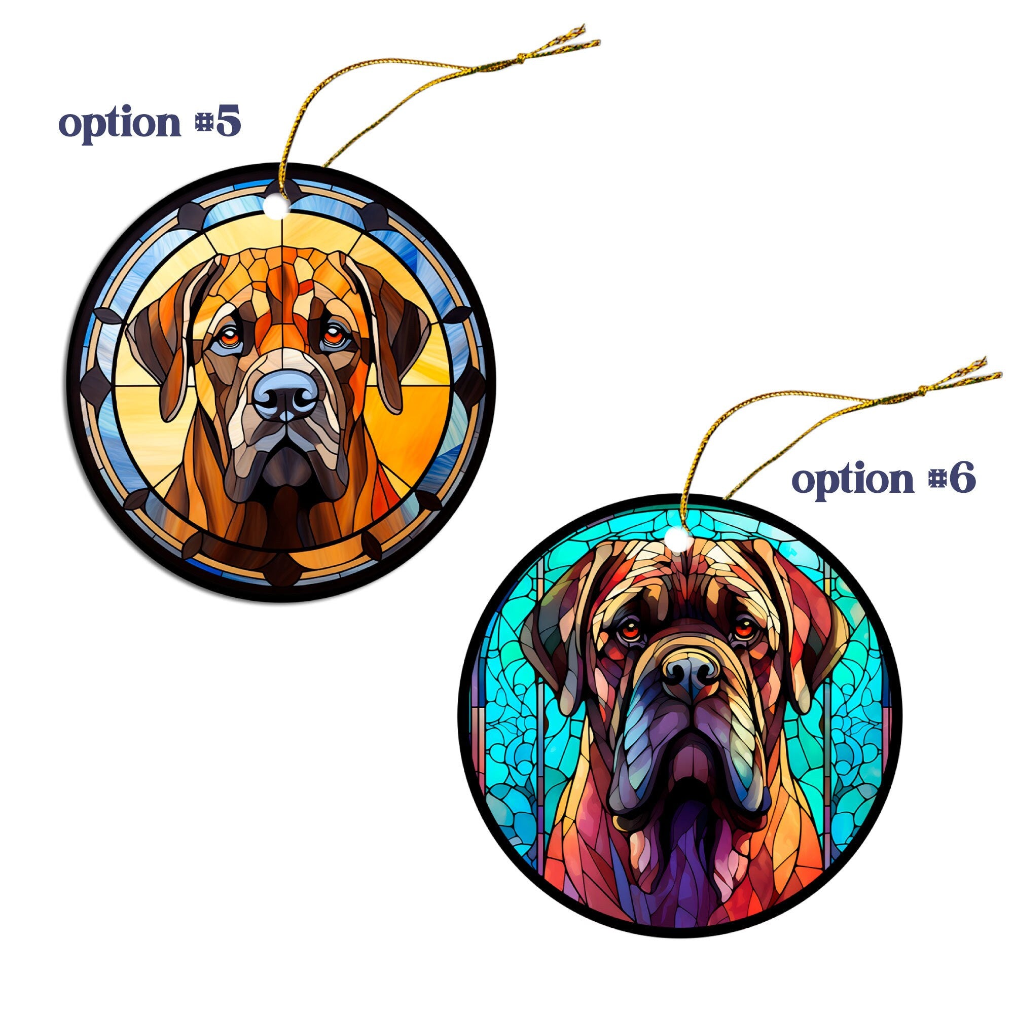 Stained glass style Christmas ornament featuring a Mastiff breed design, elegantly crafted from ceramic with a golden string.
